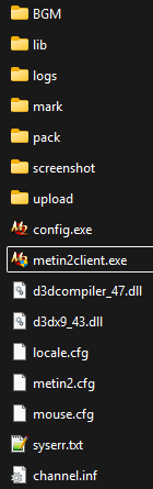 The client folder players receive: BGM, lib, logs, mark, pack, screenshot and upload folders, metin2client.exe, config.exe, two DirectX DLLs and the cfg files.