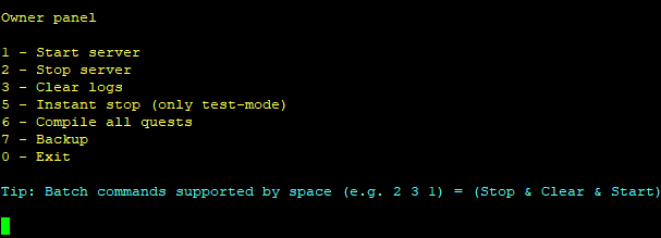 The owner panel menu: start server, stop server, clear logs, instant stop in test mode, compile all quests, backup and exit, with batch commands supported.