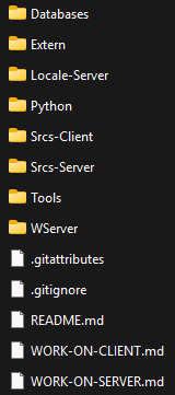 Top level of the repository: Databases, Extern, Locale-Server, Python, Srcs-Client, Srcs-Server, Tools, WServer and the documentation files.