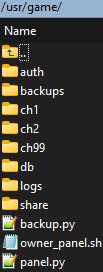 The /usr/game directory on the server: auth, backups, ch1, ch2, ch99, db, logs and share folders, plus backup.py, owner_panel.sh and panel.py.